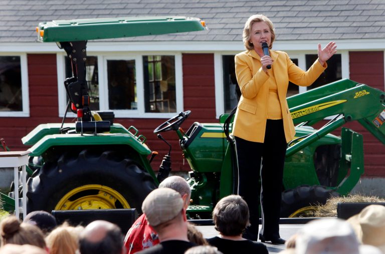Democratic presidential candidate Hillary Rodham Clinton speaks to a crowd at the Beech Hill Farm during a campaign stop Tuesday, July 28, 2015, in Hopkinton, N.H. (AP Photo/Jim Cole)