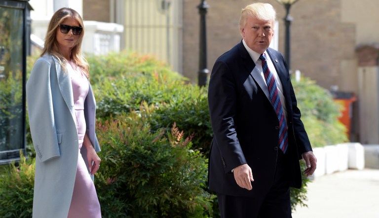 President Donald Trump and first lady Melania Trump leave after attending services at St. John's Church in Washington, Sunday, Sept. 3, 2017. The president last week named today a National Day of Prayer for victims of Hurricane Harvey. (AP Photo/Susan Walsh)