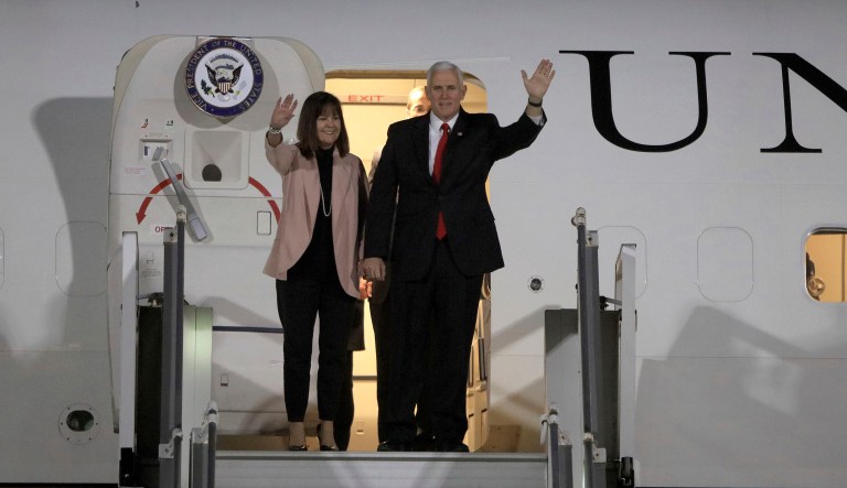 U.S. Vice President Mike Pence and his wife Karen disembark the plane upon his arrival at Amman military airport, Jordan, Saturday, Jan 20, 2018. (AP Photo/Raad Adayleh)