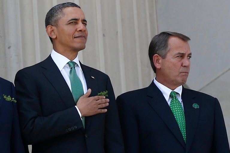 FILE - In this March 19, 2013 file photo, President Barack Obama stands with House Speaker John Boehner of Ohio after they attended a Friends of Ireland luncheon on Capitol Hill in Washington. The partisan cease-fire that kept the government running this spring gave birth to hopeful talk of a much larger 