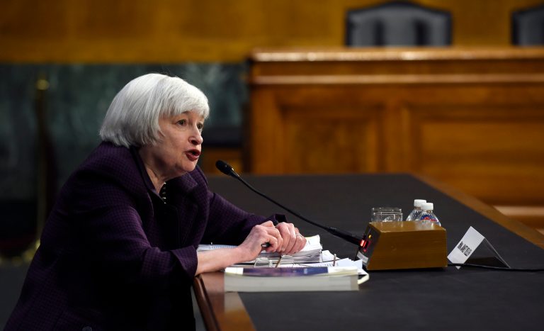 Federal Reserve Board Chair Janet Yellen testifies on Capitol Hill in Washington, Tuesday, Feb. 24, 2015, before the Senate Banking Committee. (AP)