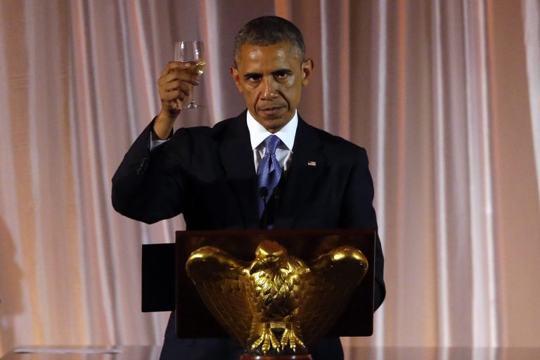 President Barack Obama offers a toast at a dinner for the U.S. Africa Leaders Summit, on the South Lawn of the White House,Tuesday, Aug. 5, 2014. African heads of state are gathering in Washington for an unprecedented summit to promote business development. (AP Photo/Charles Dharapak)