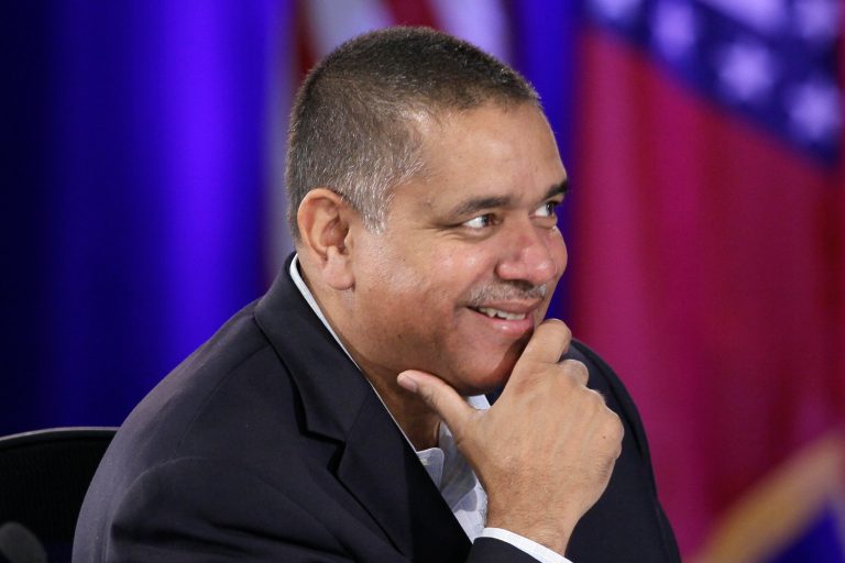 U.S. Virgin Islands Gov. John P. de Jongh participates in a meeting dealing with healthcare at the Southern Governors' Association convention in Little Rock, Ark., Saturday, Aug. 16, 2014. (AP Photo/Danny Johnston)