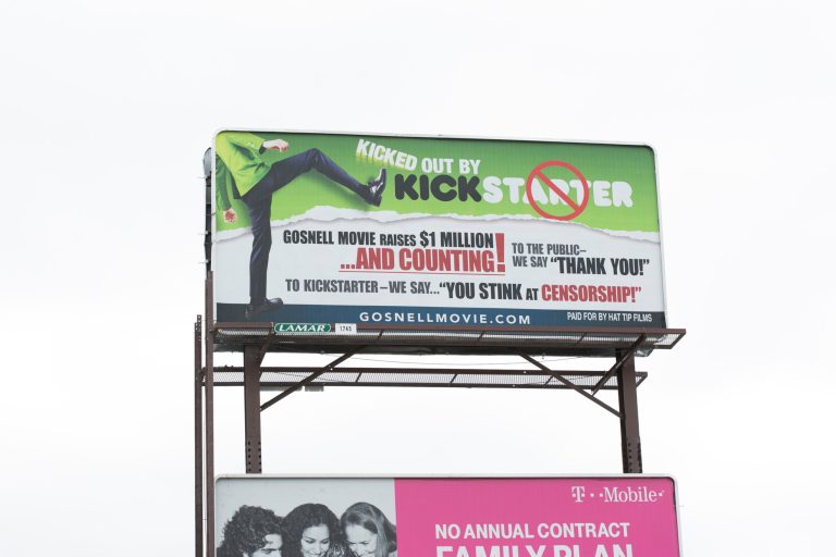 Filmmakers from GosnellMovie.com have erected a billboard protesting their film project about abortionist Kermit Gosnell being banned from Kickstarter, on Tuesday, April 29, 2014, in New York City. The film has since raised $1.5m on the alternative crowdfunding website Indiegogo. (Mark Von Holden/AP Images for Gosnell Movie)