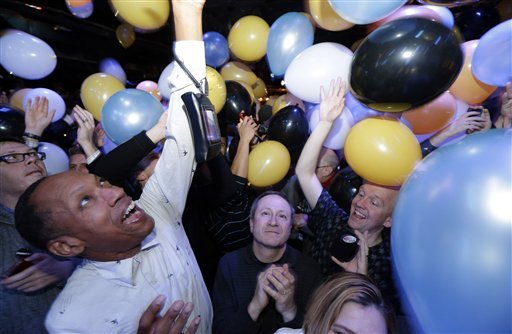 Partygoers react as balloons fall at an Election Night party in Baltimore, Tuesday, Nov. 6, 2012, after voters passed a referendum approving same sex marriage in Maryland. (AP Photo/Patrick Semansky)
