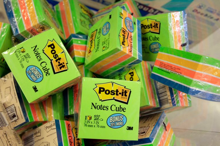 FILE - This April 25, 2011 photo shows 3M Post-it notes at Office Depot in Mountain View, Calif. 3M reports quarterly earnings on Thursday, April 24, 2014. (AP Photo/Paul Sakuma, File)
