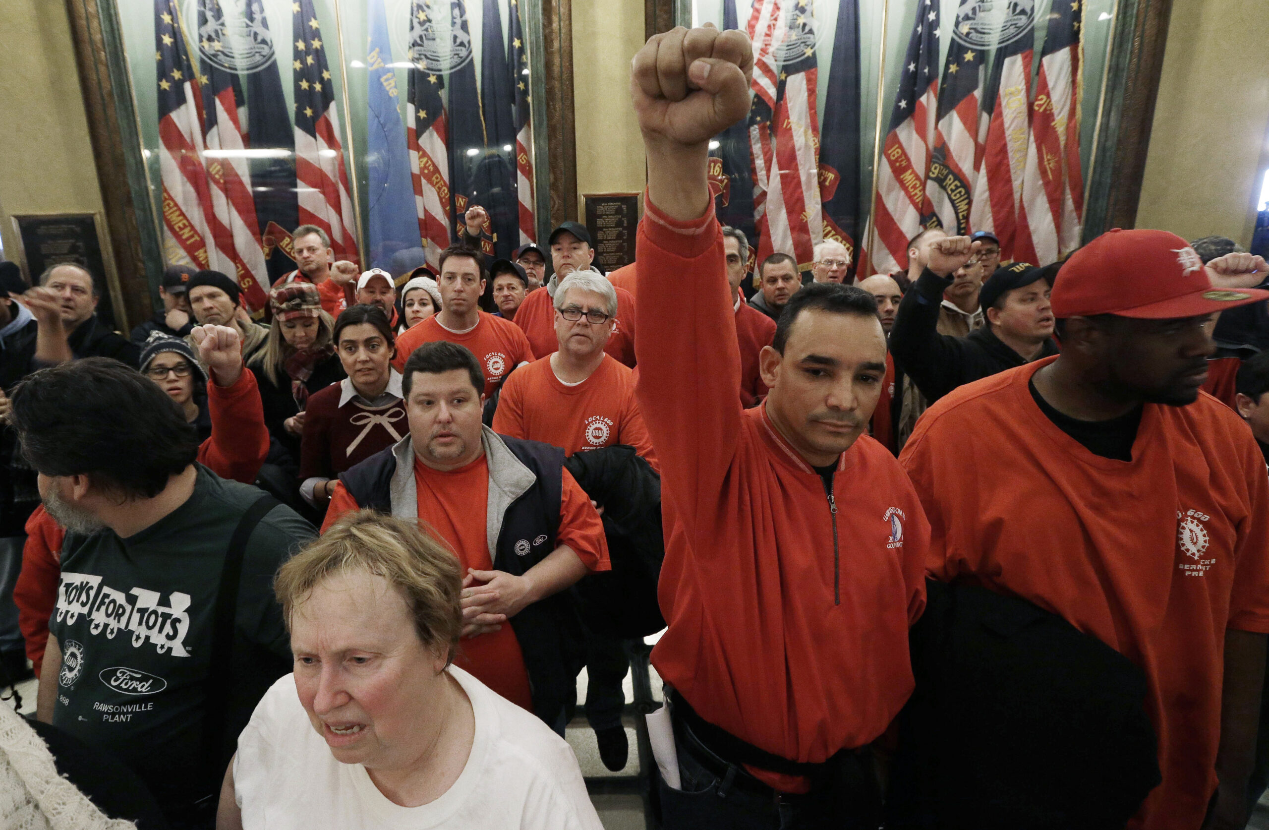 Boisterous protesters swarm Capitol on labor bills