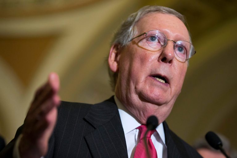 Senate Majority Leader McConnell talks about a possible government shutdown during a news conference after a policy luncheon on Capitol Hill in Washington, Wednesday, Sept. 16, 2015. (AP Photo/Evan Vucci)