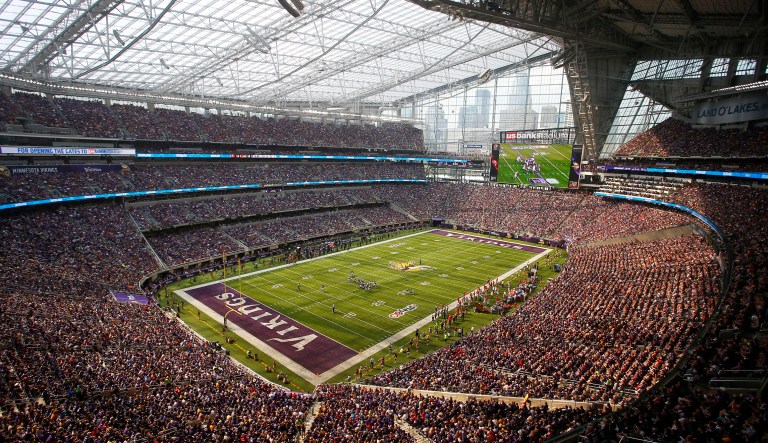 Fans cheer in U.S. Bank Stadium during the second half of an NFL football game between the Minnesota Vikings and the Tampa Bay Buccaneers, Sunday, Sept. 24, 2017, in Minneapolis. (AP Photo/Bruce Kluckhohn)