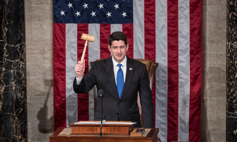 House Speaker Paul Ryan of Wis. holds the gavel after being re-elected to his leadership position. (AP Photo/J. Scott Applewhite)
