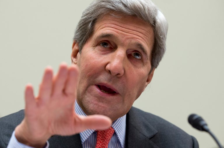 Secretary of State John Kerry testifies on Capitol Hill in Washington, Wednesday, Feb. 25, 2015, before the House Foreign Affairs Committee. (AP Photo/Carolyn Kaster)