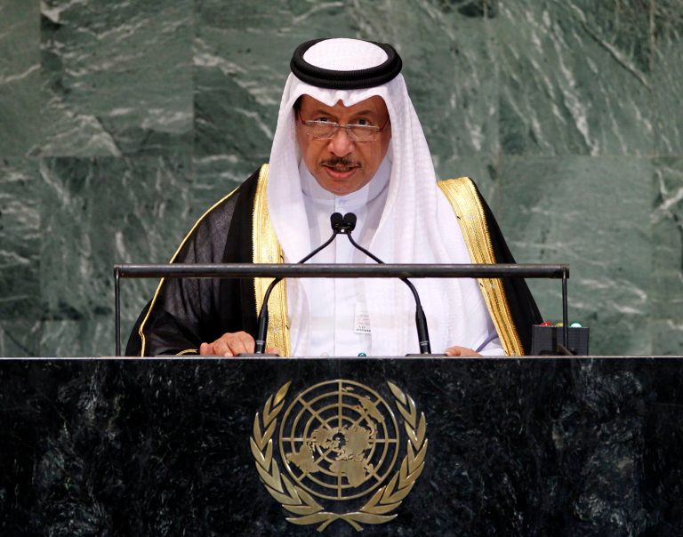FILE -- In this Wednesday, Sept. 26, 2012 file photo Sheikh Jaber Al Mubarak Al Hamad Al Sabah, Prime Minister of Kuwait, speaks from the podium while addressing the 67th session of the United Nations General Assembly at U.N. headquarters. Kuwait on Tuesday, May 20, 2014 set June 26 as the day for by-elections to replace five lawmakers who resigned in protest after the largely pro-government parliament refused to question the country's prime minister over deteriorating public services and corruption in government.  (AP Photo/Jason DeCrow, File)