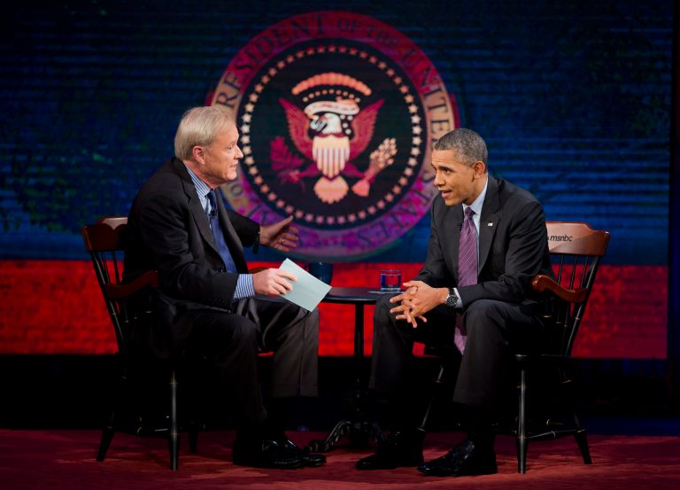President Obama talks with MSNBC's Chris Matthews during a break in the taping of an interview for the 