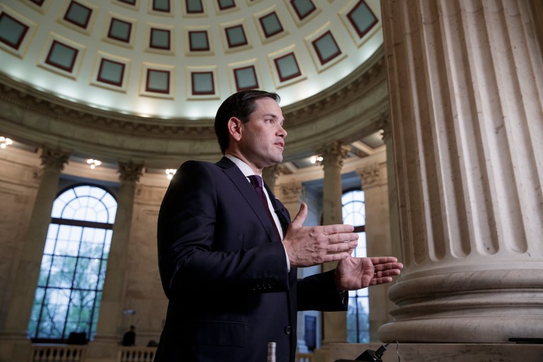 Senate Foreign Relations Committee member Sen. Marco Rubio, R-Fla. comments on the poisonous gas attacks in Syria during a television interview on Capitol Hill in Washington, Thursday, April 6, 2017. (AP Photo/J. Scott Applewhite)
