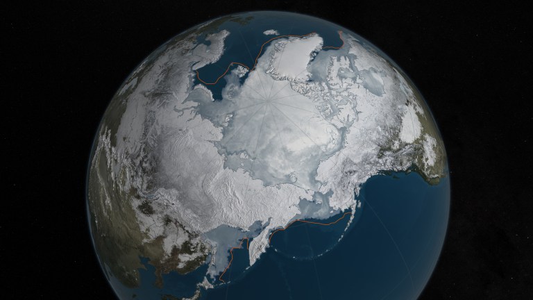 This image provided by NASA shows Arctic sea ice at it maximum, the lowest on record. (NASA via AP)