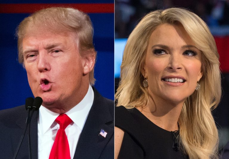 This file photo combination made from Aug. 6, 2015, photos shows Republican presidential candidate Donald Trump, left, and Fox News Channel host and moderator Megyn Kelly during the first Republican presidential debate at the Quicken Loans Arena, in Cleveland. (AP Photo/John Minchillo, File)