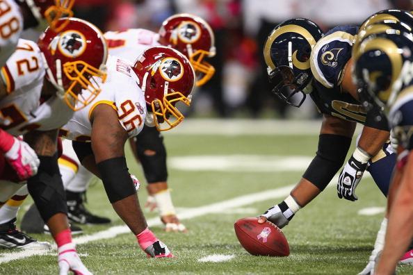 Barry Cofield of the Washington Redskins lines up against the St. Louis Rams at the Edward Jones Dome on Oct. 2, 2011 in St. Louis. 