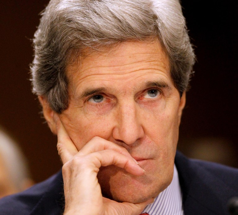 FILE - In this April 18, 2013 file photo, Secretary of State John Kerry listens while testifying on Capitol Hill in Washington. The US is poised to significantly expand its non-lethal military aid to the Syrian opposition as European nations weigh easing an arms embargo to potentially supply the rebels with arms and ramp up pressure on President Bashar Assad to step down. Kerry is expected to announce a contribution of between $120 million and $130 million in defensive military supplies _ that could include items such as body armor, armored vehicles, night vision goggles and advanced communications equipment _ at an international conference on Syria he will attend Saturday in Turkey, U.S. officials said. (AP Photo/Molly Riley, File)