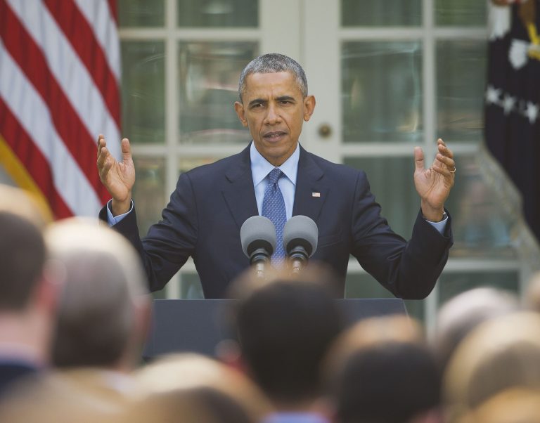 President Obama speaks to members of Congress and other guests in the Rose Garden of the White House in Washington, Tuesday, April 21, 2015. (AP Photo/Pablo Martinez Monsivais)