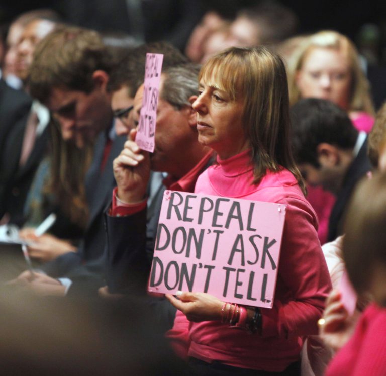 CodePink's Medea Benjamin demonstrates on Capitol Hill in Washington, Tuesday, Feb. 2, 2010, as Defense Secretary Robert Gates and Joint Chiefs Chairman Adm. Michael Mullen testified before the Senate Armed Services Committee hearing related to the 
