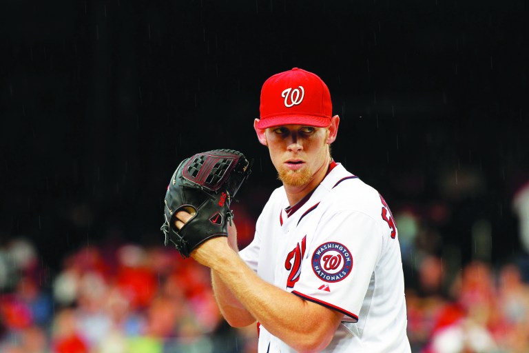 Despite a rain delay in the third inning Tuesday, Nats starter Stephen Strasburg struck out 10 and allowed one run in six innings. (AP photo)