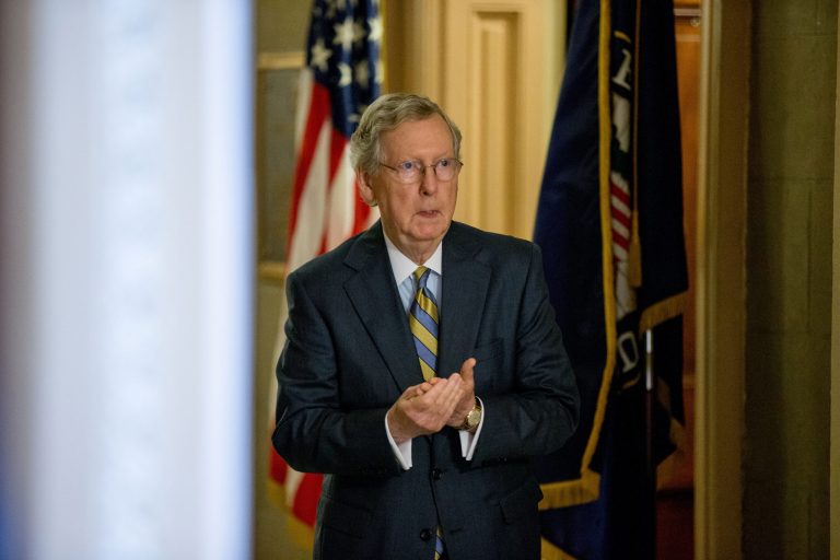 Senate Majority Leader Mitch McConnell of Ky. arrives for a Senate policy luncheon on Capitol Hill in Washington, Tuesday, June 2, 2015. (AP Photo/Andrew Harnik)