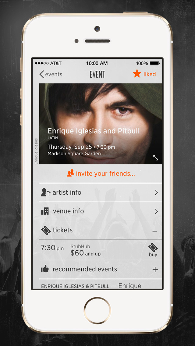 This product image provided by StubHub shows the company's StubHub Music app. The app, currently only for Apple iPhones,  launched in San Francisco in June and expands to major cities nationwide Thursday, Aug. 7, 2014. The app scans your music library and recommends upcoming shows by your favorite artist. (AP Photo/StubHub)