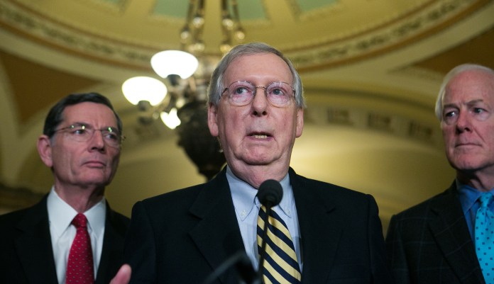 Senate Majority Leader Mitch McConnell asked Republicans to "stick together." (Graeme Jennings/Examiner)