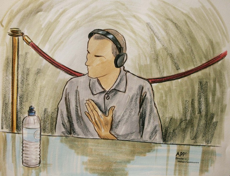 In this Aug. 26, 2004, file courtroom sketch, Ali Hamza al Bahlul appears before a military commission at Guantanamo Naval Base in Guantanamo, Cuba. (AP Photo)Â 