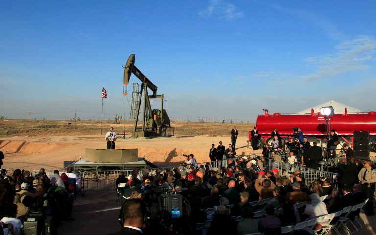 Former President Barack Obama speaks at an oil and gas field on federal lands in Maljamar, N.M.