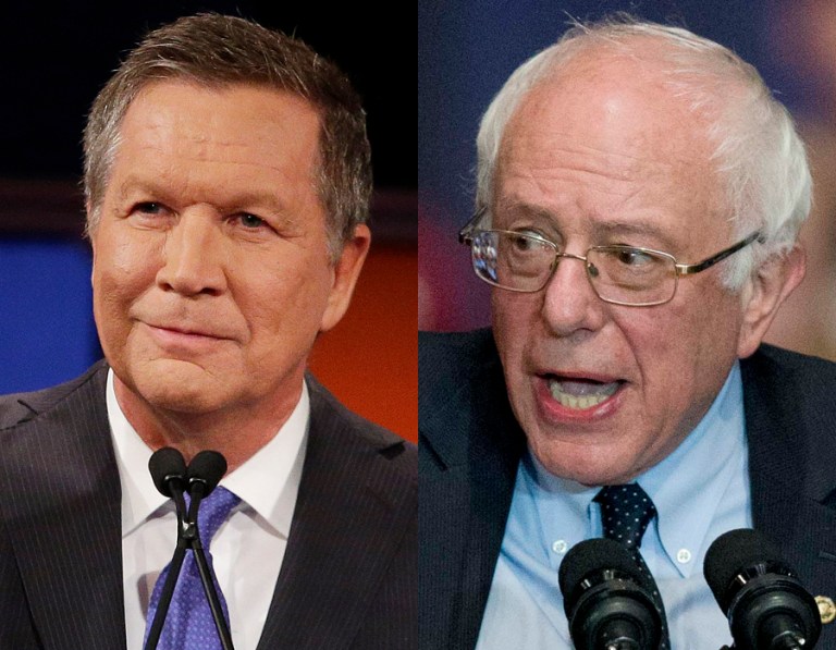 Ohio Gov. John Kasich and Vermont Sen. Bernie Sanders are causing trouble for their parties' presidential front-runners in New Hampshire. (AP photos)