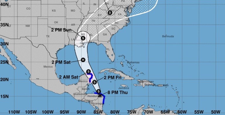 Moving at 10 mph north-northwest over eastern Honduras, the storm is bringing heavy rainfall across Central America, even along the Pacific coast side, according to the National Hurricane Center. (National Hurricane Center)