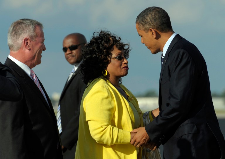 President Barack Obama greets Rep. Corrine Brown, D-Fla. The disgraced congresswoman is charged with stealing hundreds of thousands of dollars from a charity into her own pocket. (AP Photo/Susan Walsh)