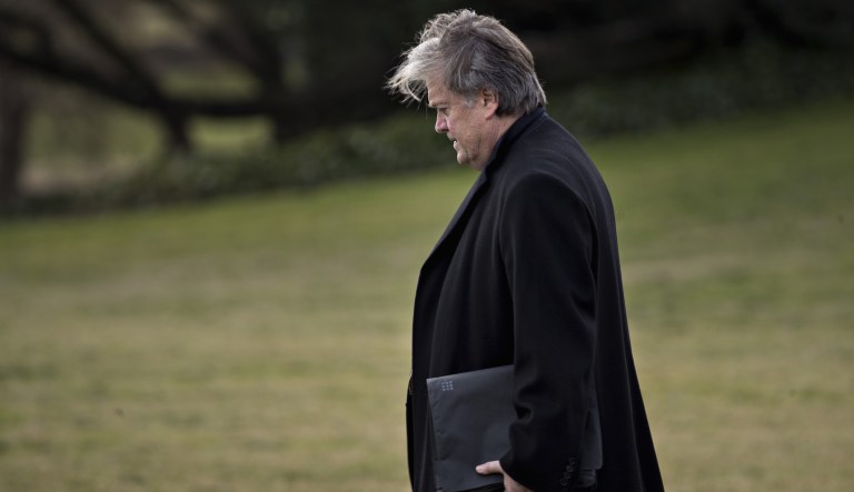 Former White House chief strategist Steve Bannon reaffirmed his commitment to President Trump Wednesday after the release of several unflattering remarks Bannon made about Trump and his family. (Andrew Harrer/Bloomberg)