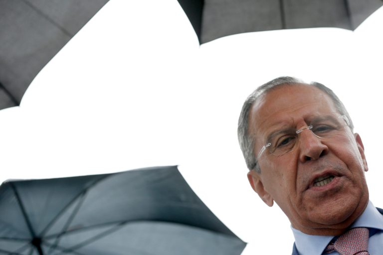 Russian Foreign Minister Sergey Lavrov addresses the media after his arrival at the Belgrade's Nikola Tesla Airport, Serbia, Monday, June 16, 2014.  Lavrov is on a two-day visit to Serbia, Moscow's traditional Balkan ally. (AP Photo/Darko Vojinovic)