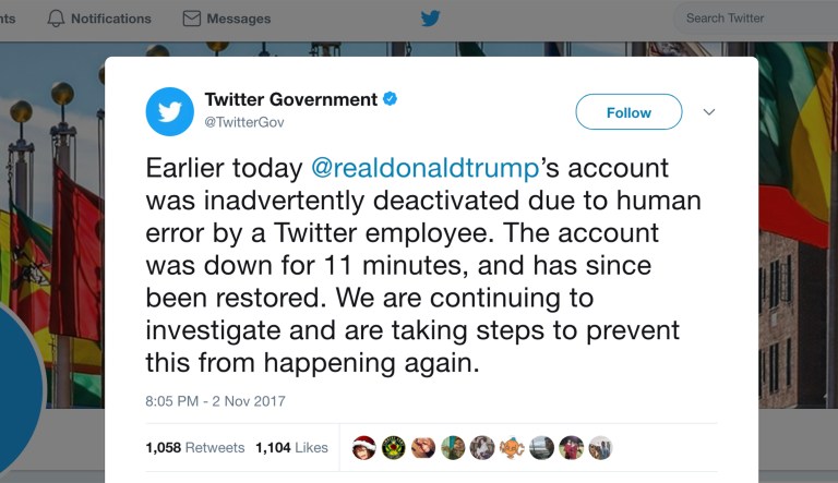 The president's personal Twitter account, @realDonaldTrump, was down for 11 minutes Thursday night, sparking a social media uproar. (Screengrab)