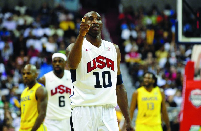 Team USA's Kobe Bryant (10) reacts after a play during the first half of an Olympic men's exhibition basketball game against Brazil, Monday, July 16, 2012, in Washington. Team USA won 80-69. (AP Photo/Alex Brandon)
