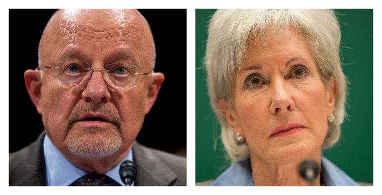 In these October 2013 photos, Director of National Intelligence James Clapper, left, and Health and Human Services Secretary Kathleen Sebelius testify at separate hearings on Capitol Hill in Washington. When it comes to the Internet, the Obama administration appears simultaneously to be a bungling amateur and a stealthy wizard. The same federal government that apparently intercepted communications to and from Google and Yahoo data centers without leaving a trace is facing scorn because it can't put together a working website for health care. (AP Photo)