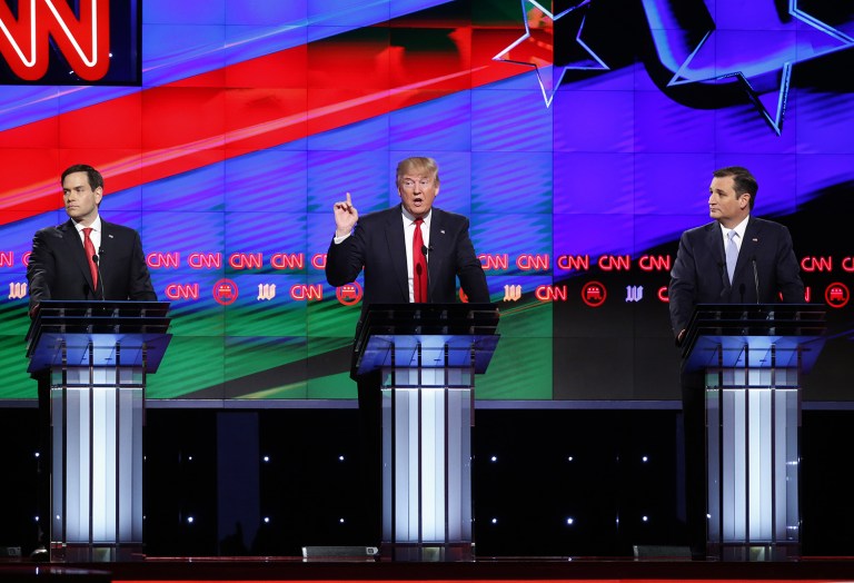 Marco Rubio, Ted Cruz and Donald Trump were each given brief summaries of the themes Hillary Clinton would use to tear them down. (AP Photo)