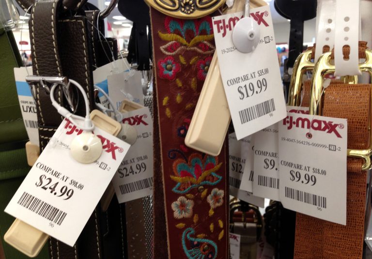 FILE - In this Monday, Sept. 23, 2013, file photo, price tags hang on merchandise at T.J. Maxx in North Andover, Mass., Ma. The government reports on consumer prices for September on Wednesday, Oct. 30, 2013. (AP Photo/Elise Amendola, File)