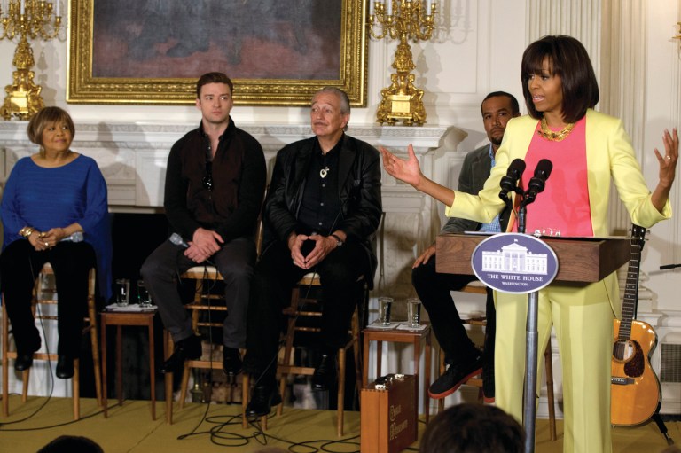 Jacquelyn Martin/AP
First lady Michelle Obama, right, introduces from left singers Mavis Staples, Justin Timberlake, Charlie Musselwhite, and Ben Harper, during the workshop, 