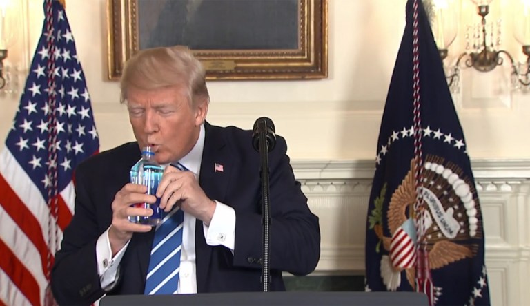 President Trump paused to take a sip of water during his speech. (Screenshot)