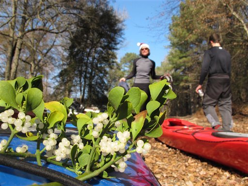 A kayak festooned with mistletoe as part of North Carolina's 30th annual Sprig Outing. (AP Photo/Allen Breed)