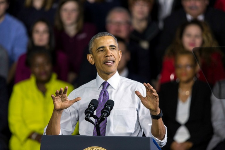 Speaking in Milwaukee, President Obama said Republicans continue to wage a fight against the Affordable Care Act, which is making it harder for people to reach the right conclusions about it. (AP Photo)