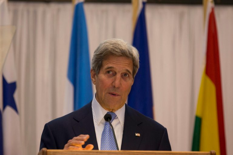 U.S. Secretary of State John Kerry gives his speech during the University Presidents Forum in Panama City, Tuesday, April 9, 2015. Kerry is in Panama to attends the VII Summit of the Americas which start on Friday. (AP Photo/Moises Castillo)