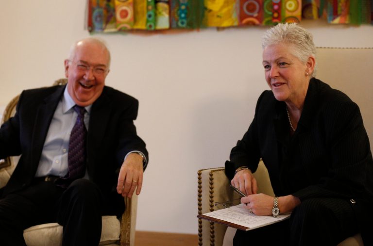 Environmental Protection Agency (EPA) Administrator Gina McCarthy, right, flanked by U.S Ambassador to the Holy See, Ken Hackett, answers reporters' questions during a meeting with media in the ambassador residence in Rome, Friday, Jan. 30, 2015. The Obama administration is seeking to hitch its climate change message onto that of the ever-popular Pope Francis. (AP Photo/Alessandra Tarantino)