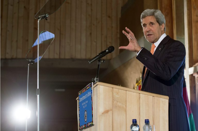 U.S. Secretary of State John Kerry speaks about U.S. policy in Africa at the Gullele Botanic Garden in Addis Ababa, Ethiopia Saturday, May 3, 2014. America's top diplomat said the U.S. is ready to help increase its ties with Africa, but nations across the continent need to take stronger steps to ensure security and democracy for its people. (AP Photo/Saul Loeb, Pool)
