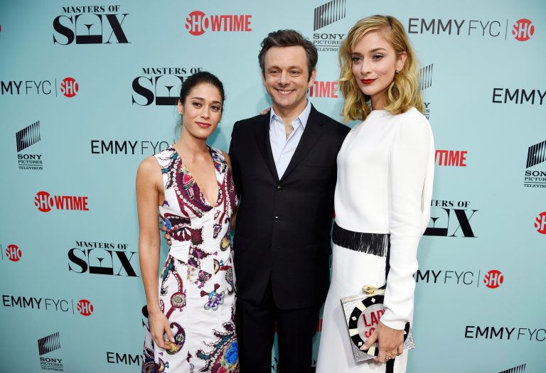 Lizzy Caplan, left, Michael Sheen, center, and Caitlin Fitzgerald, cast members in the Showtime series 