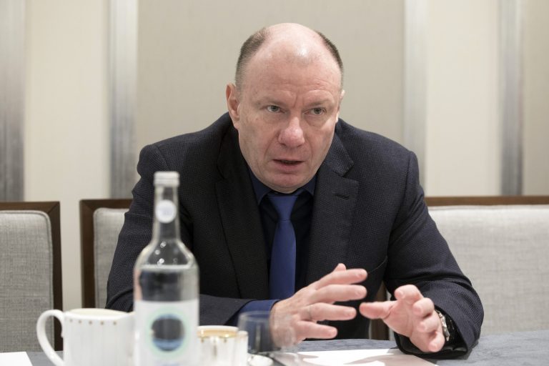 Vladimir Potanin, billionaire and owner of OAO GMK Norilsk Nickel, gestures as he speaks during an interview in London, U.K., on Monday, Nov. 20, 2017. PotaninÂ is within a hairÂs breadth of regaining his ranking as RussiaÂs richest tycoon this year.