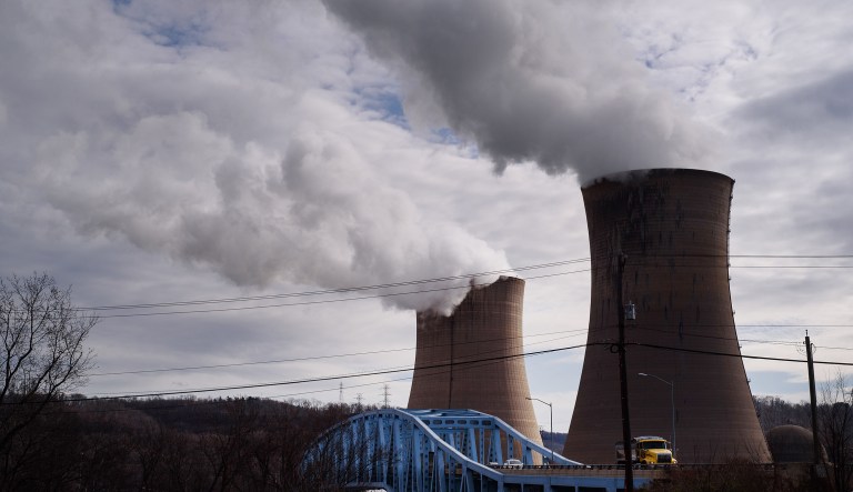 The FirstEnergy Corp. Beaver Valley nuclear power station stands next to the Shippingport Bridge in Shippingport, Pa.